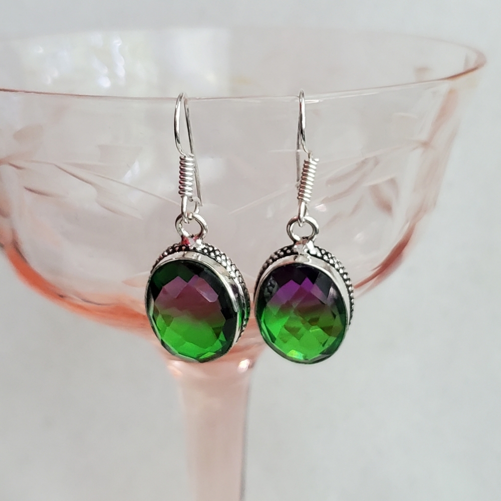 925 Sterling Bi-Color Purple Green Fluorite Earrings NWOT Artisan - Picture 1 of 14